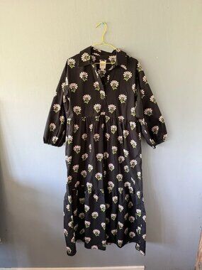Anthropologie Maeve Bettina Tiered Shirt Dress Sz XS Black Pink Floral Cotton